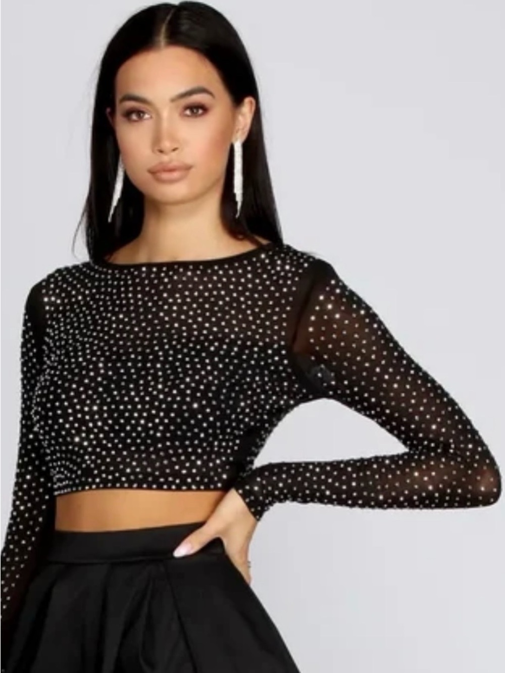 windsor black rhinestone mesh long sleeve crop top size medium